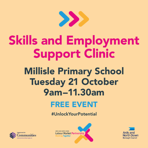 Flyer for Skills and Employment Support Clinic 21 October Millisle Primary School