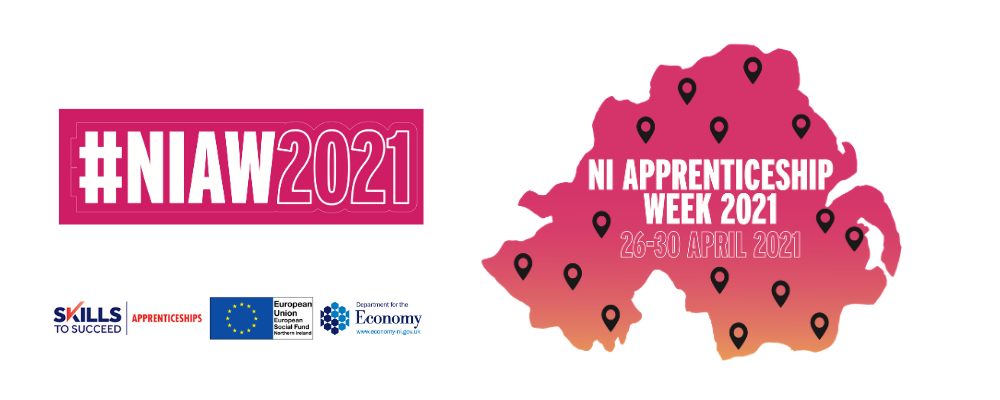 NI Apprenticeship Week Map of NI in pink with NIAW written beside
