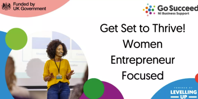 Get set to thrive wording with female giving a presentation