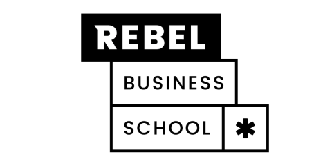 rebel business school written on white background